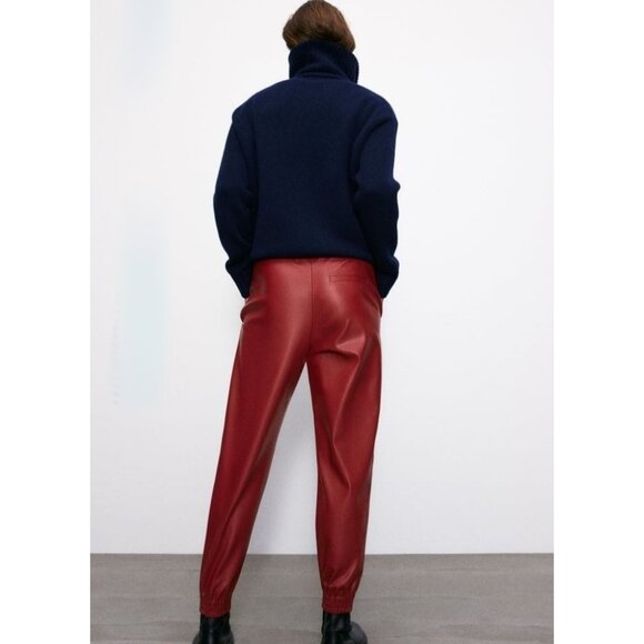 NWOT Zara burgundy red faux leather jogger inspired pants, S - Picture 2 of 6